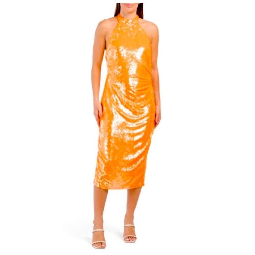 NWT Caroline Constas‎ Orange Sequin Halter Midi Dress Size S